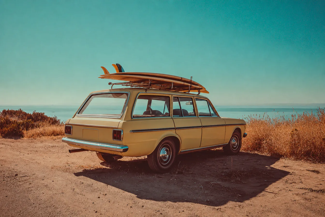 An ochre vintage station wagon carrying three surfboards beside a bright coast in direct sunlight